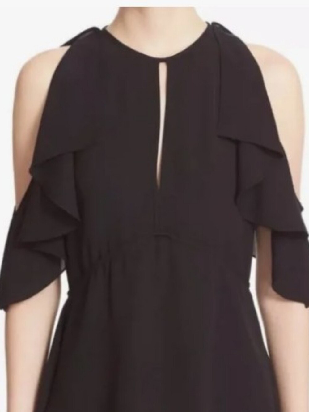 Theory Black Ruffled Cold-Shoulder Silk Blouse